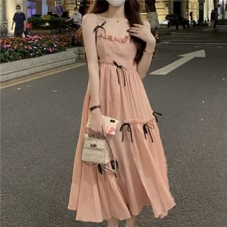 Spaghetti Strap Plain Bow Ruffled Midi A SpreePicky