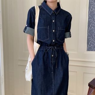 Roll-Sleeve Denim Midi Shirt Dress mySite