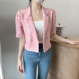 Short-Sleeve Double Breasted Plaid Crop Blazer SpreePicky