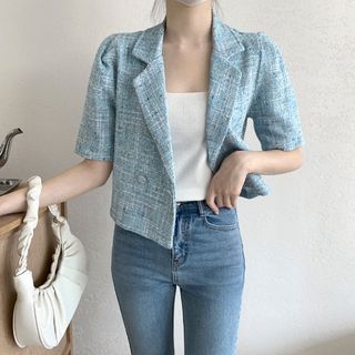 Short-Sleeve Double Breasted Plaid Crop Blazer SpreePicky