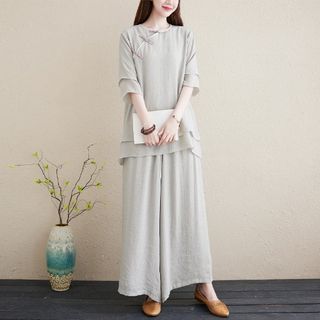 Set: 3/4-Sleeve Plain Frog Buttoned Cheongsam Top + High Rise Plain Wide Leg Pants SpreePicky