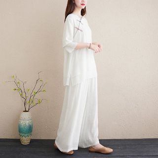 Set: 3/4-Sleeve Plain Frog Buttoned Cheongsam Top + High Rise Plain Wide Leg Pants SpreePicky