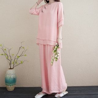 Set: 3/4-Sleeve Plain Frog Buttoned Cheongsam Top + High Rise Plain Wide Leg Pants SpreePicky