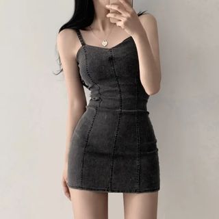 Spaghetti Strap Plain Denim Mini Bodycon Dress mySite