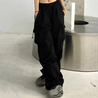 High Waist Plain Drawstring Cargo Baggy Pants SpreePicky