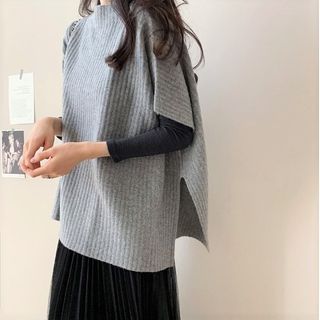 Plain Slit Ribbed Knit Poncho mySite