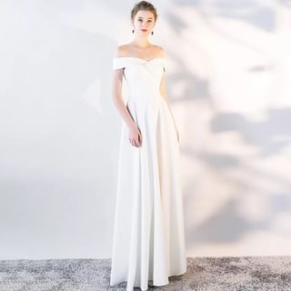 Off Shoulder Plain A-Line Evening Gown SpreePicky