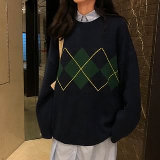 Crewneck Printed Plaid Color-Block Oversize Sweater SpreePicky