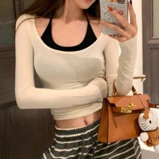 Mock Two-Piece Long-Sleeve Two Tone Crop Top SpreePicky