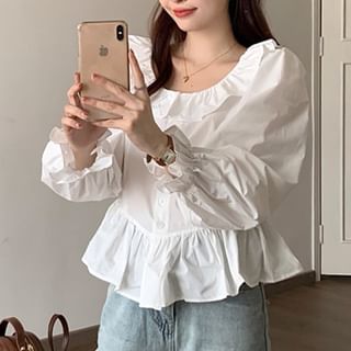 Puff Sleeve Collared Plain Ruffle Blouse mySite