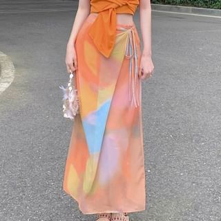 Halter Neck Plain Tie Waist Open Back Crop Top / High Waist Tie Dye Tie Side Maxi Straight Skirt / Set SpreePicky