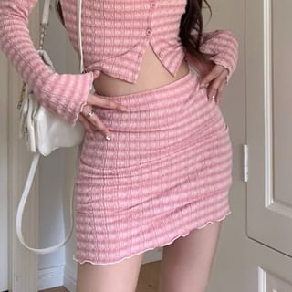 Round Neck Striped Button Jacket / High Waist Mini Pencil Skirt SpreePicky