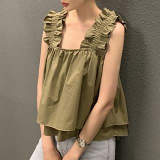 Sleeveless Square Neck Ruffle Plain Flowy Top SpreePicky