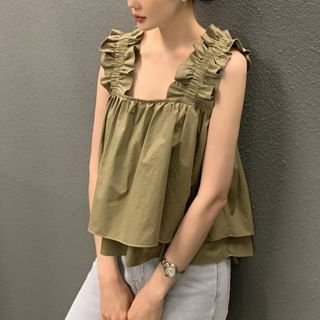 Sleeveless Square Neck Ruffle Plain Flowy Top SpreePicky