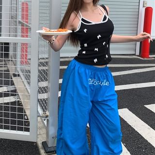 Plain Waist Leg Elastic Pants / Bow Cami Top Wide FashionChic