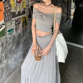 Rise Top A-Line Skirt Shoulder / Midi Ruched Twist Plain Off FashionChic