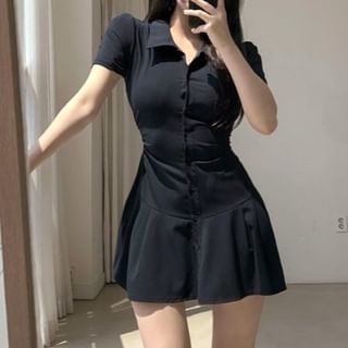 Short-Sleeve Collared Plain Mini Shirt Dress mySite