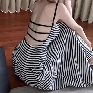 Spaghetti Strap Striped Open Back Midi A mySite