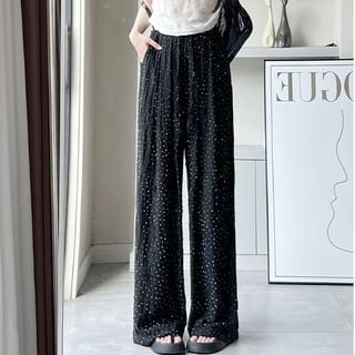 Rhinestone Applique High Waist Torn Wide Leg Drawstring Pants SpreePicky