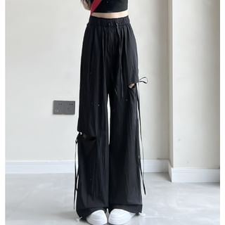 Bow Accent Cutout High Rise Drawstring Wide Leg Sweatpants SpreePicky