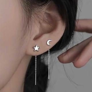 Moon & Star Asymmetrical Alloy Threader Earring mySite