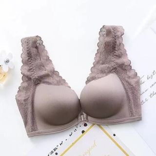 Plain Lace Panel Front Closure Wireless Bra / Panty / Set SpreePicky