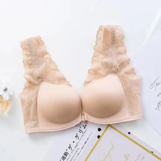 Plain Lace Panel Front Closure Wireless Bra / Panty / Set SpreePicky