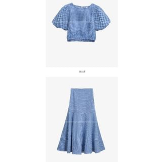 Set: Puff Sleeve Crew Neck Plaid Crop Top + High Rise Midi A-Line Skirt mySite