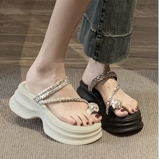 Rhinestone Toe Loop Platform Slide Sandals mySite