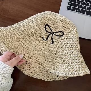 Bow Embroidered Knit Bucket Hat SpreePicky