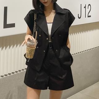 Short-Sleeve Notch Lapel Plain Peplum Double-Breasted Jacket SpreePicky