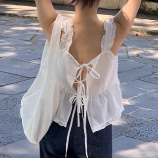 Sleeveless Ribbon Back Plain Flowy Top SpreePicky