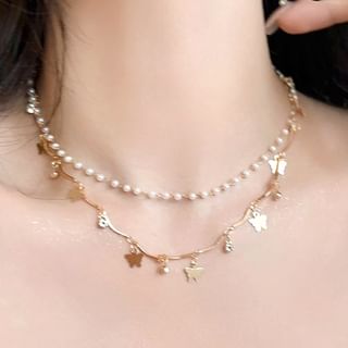 Butterfly Layered Faux Pearl Alloy Choker SpreePicky