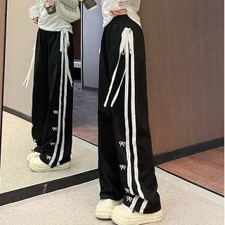 Bow Accent Lace Embroidered Mid Rise Sweatpants SpreePicky