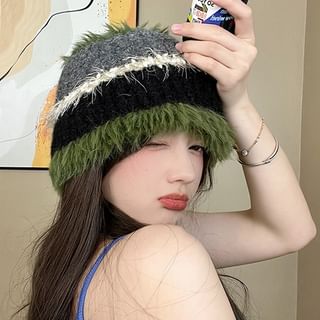 Fringed Color Block Knit Beanie SpreePicky