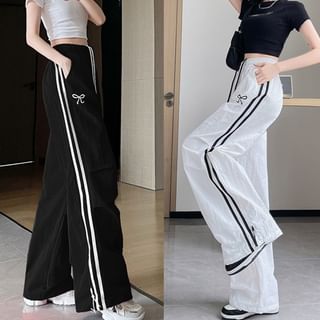 High Rise Bow Print Striped Loose-Fit Wide-Leg Sweatpants SpreePicky