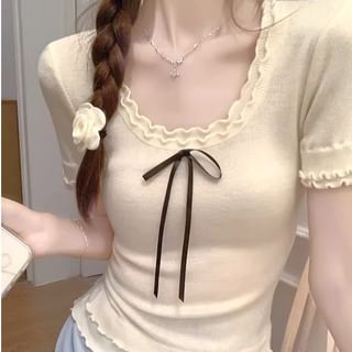 Short-Sleeve Scoop Neck Plain Bow Tee SpreePicky