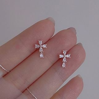 925 Sterling Silver Rhinestone Cross Stud Earring mySite