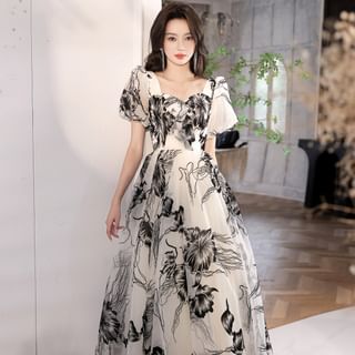 Short-Sleeve V-Neck Floral A-Line Evening Gown SpreePicky