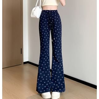 Smiley Print High Waist Drawstring Sheath Flare Sweatpants SpreePicky