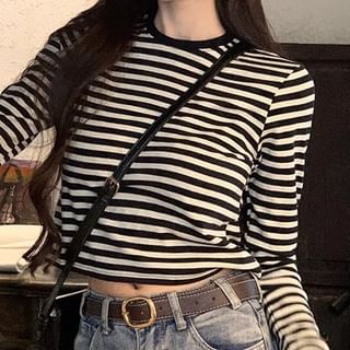 Long-Sleeve Round Neck Striped Tee SpreePicky