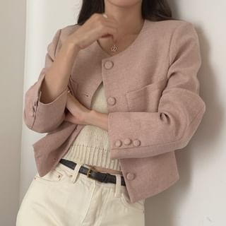 Crew Neck Plain Cropped Button Blazer SpreePicky