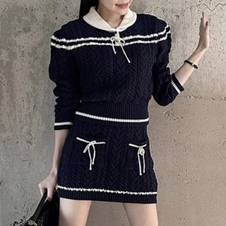 Set: Collared Striped Cable Knit Sweater + Mid Rise Mini Pencil Skirt SpreePicky