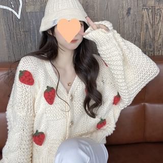 3D-Strawberry Crochet-Knit V-Neck Cardigan SpreePicky