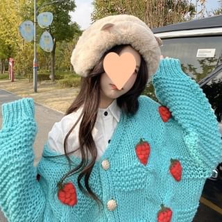 3D-Strawberry Crochet-Knit V-Neck Cardigan SpreePicky