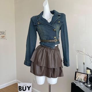 Set: Lapel Collar Denim Jacket + Faux Leather Mini Skirt + Belt SpreePicky