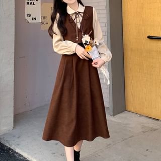 Mock Two-Piece Long-Sleeve Corduroy Two Tone Midi A-Line Dress SpreePicky