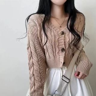 Cropped Cable-Knit V-Neck Cardigan SpreePicky