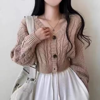 Cropped Cable-Knit V-Neck Cardigan SpreePicky