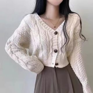 Cropped Cable-Knit V-Neck Cardigan SpreePicky